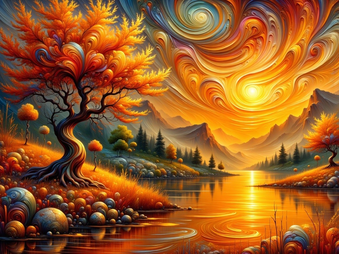 Vibrant Sunset Over Serene Lake with Twisted Tree