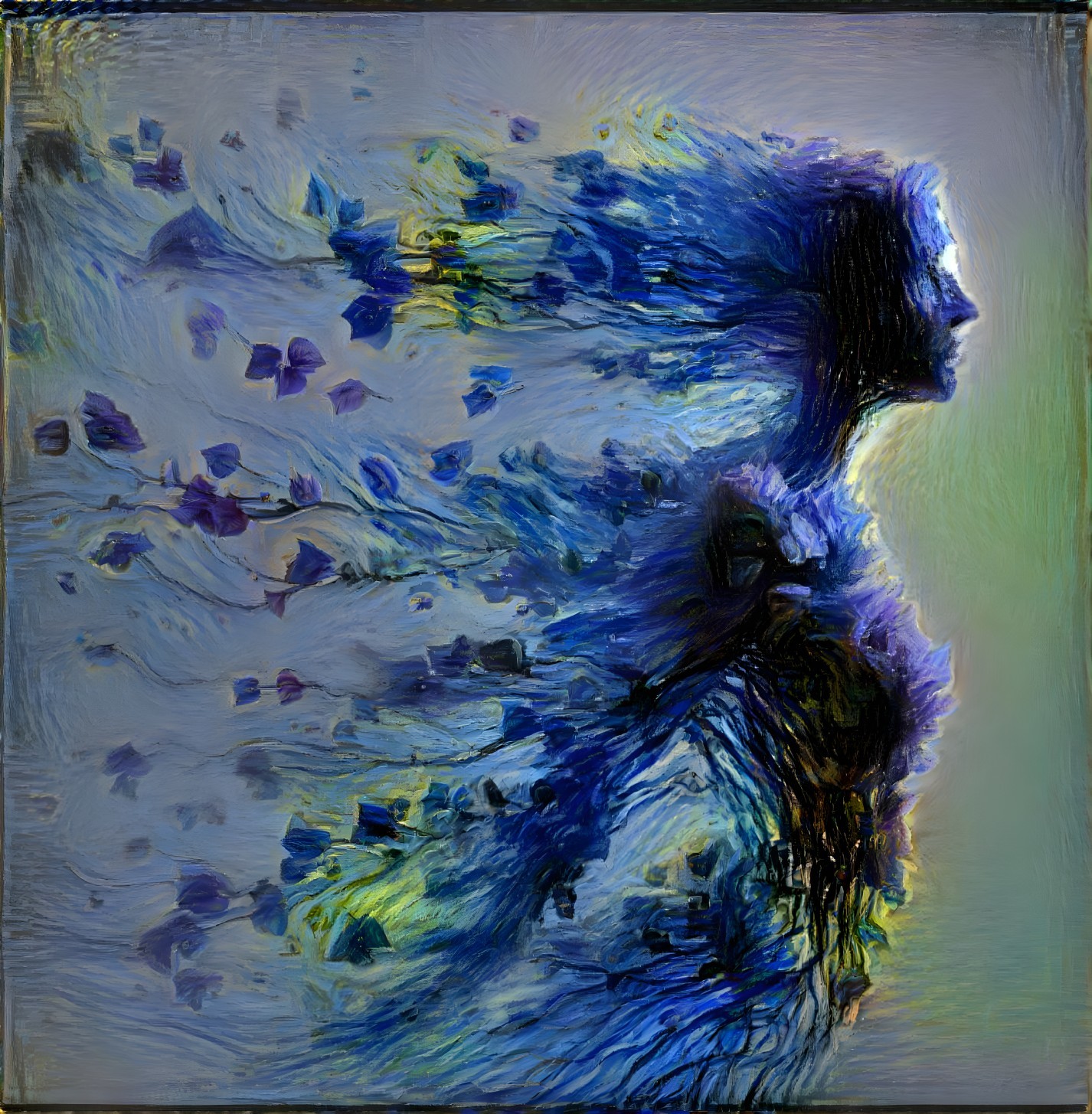 Ethereal Woman Silhouette with Flowing Leaves and Petals