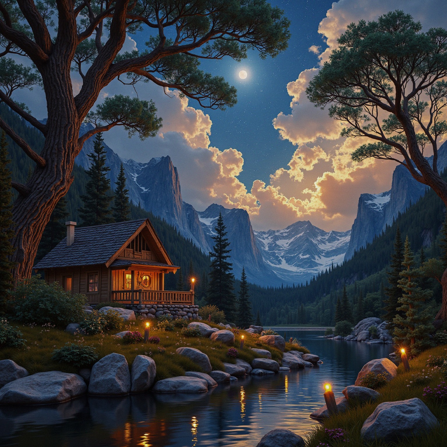 Serene Cabin by River with Mountains at Twilight