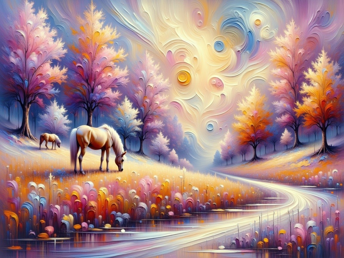 Vibrant Landscape with Horses by a Sparkling River