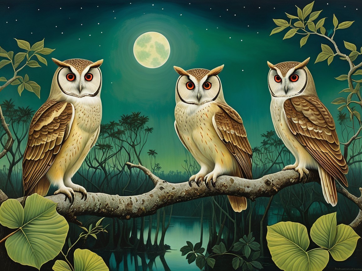 Owls Perched Under Moonlight in Lush Greenery