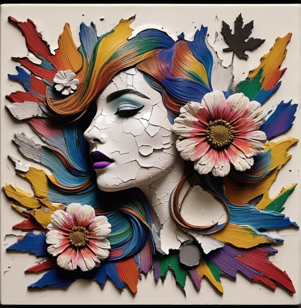Mixed Media Artwork of Stylized Female Face and Colors