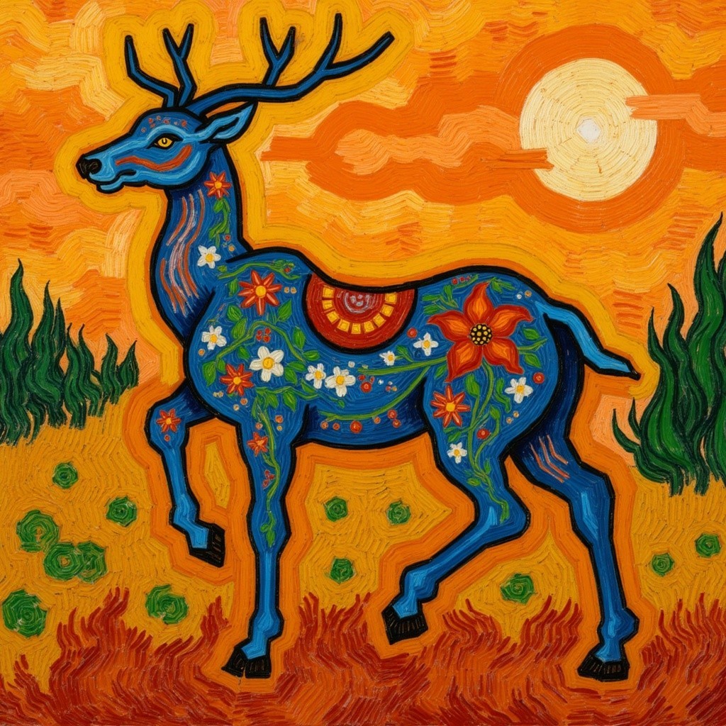 Vibrant Blue Deer with Floral Patterns at Sunset