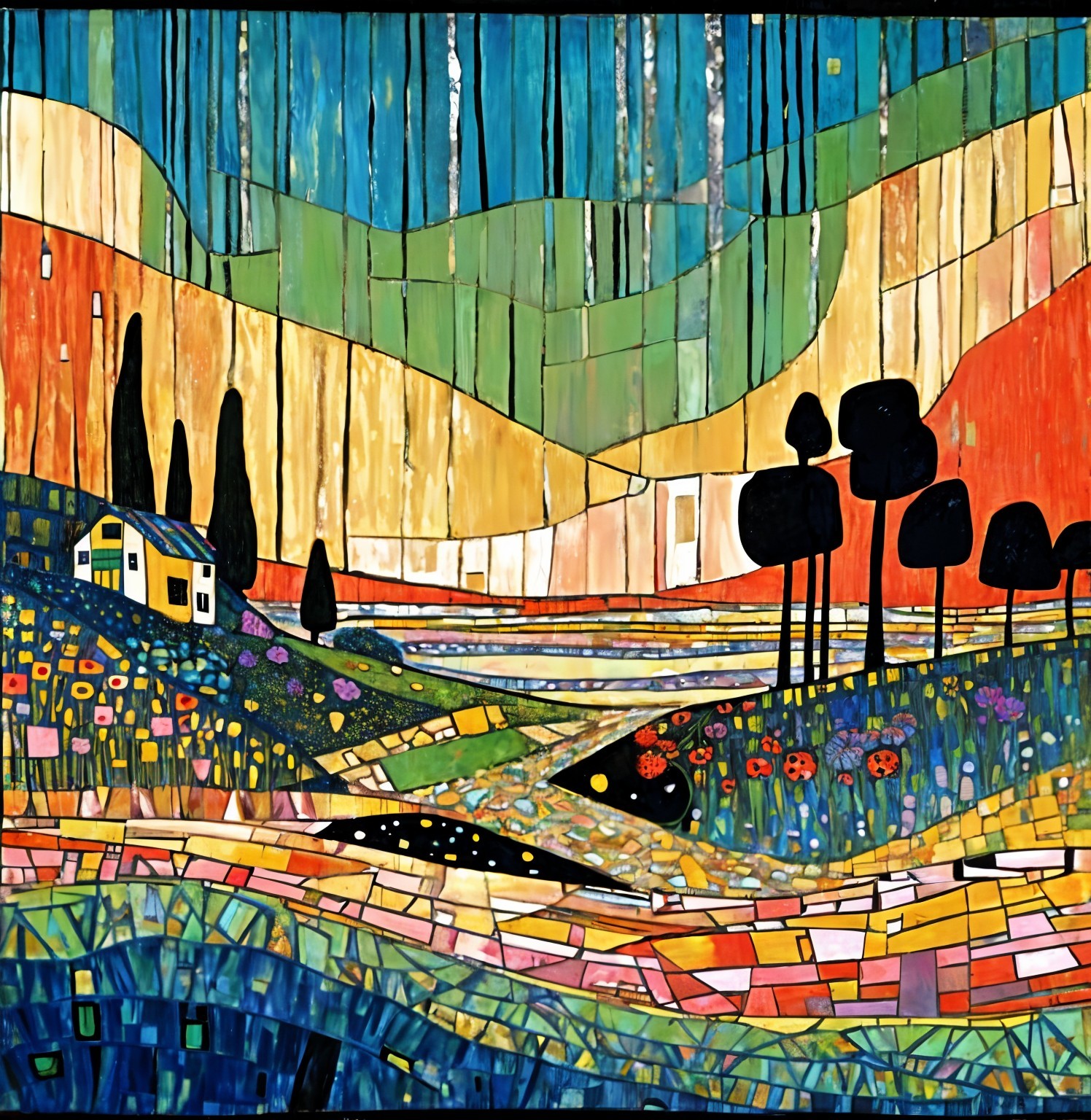 Vibrant Abstract Landscape with Mosaic Style Elements