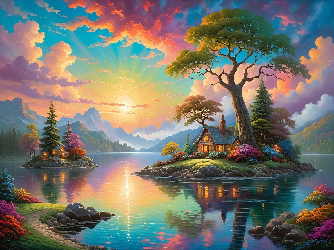 Tranquil Sunrise Landscape with Cottage and Mountains