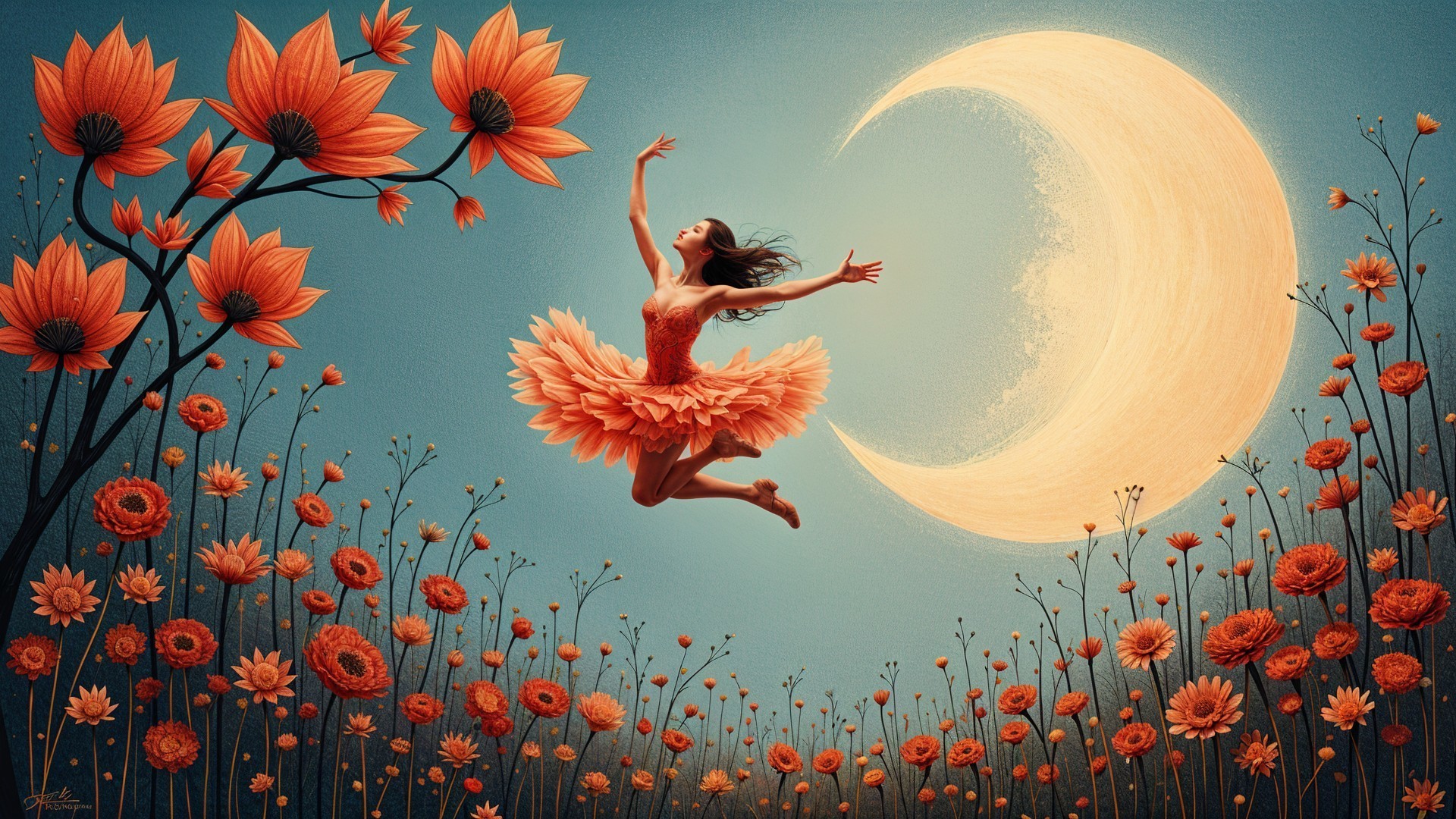 Dancer in Floral Dress Amidst Enchanted Garden Scene