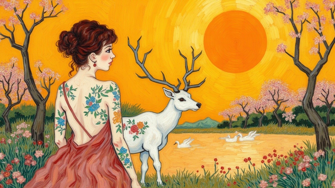 Woman with Floral Tattoos by Tranquil Pond Scene