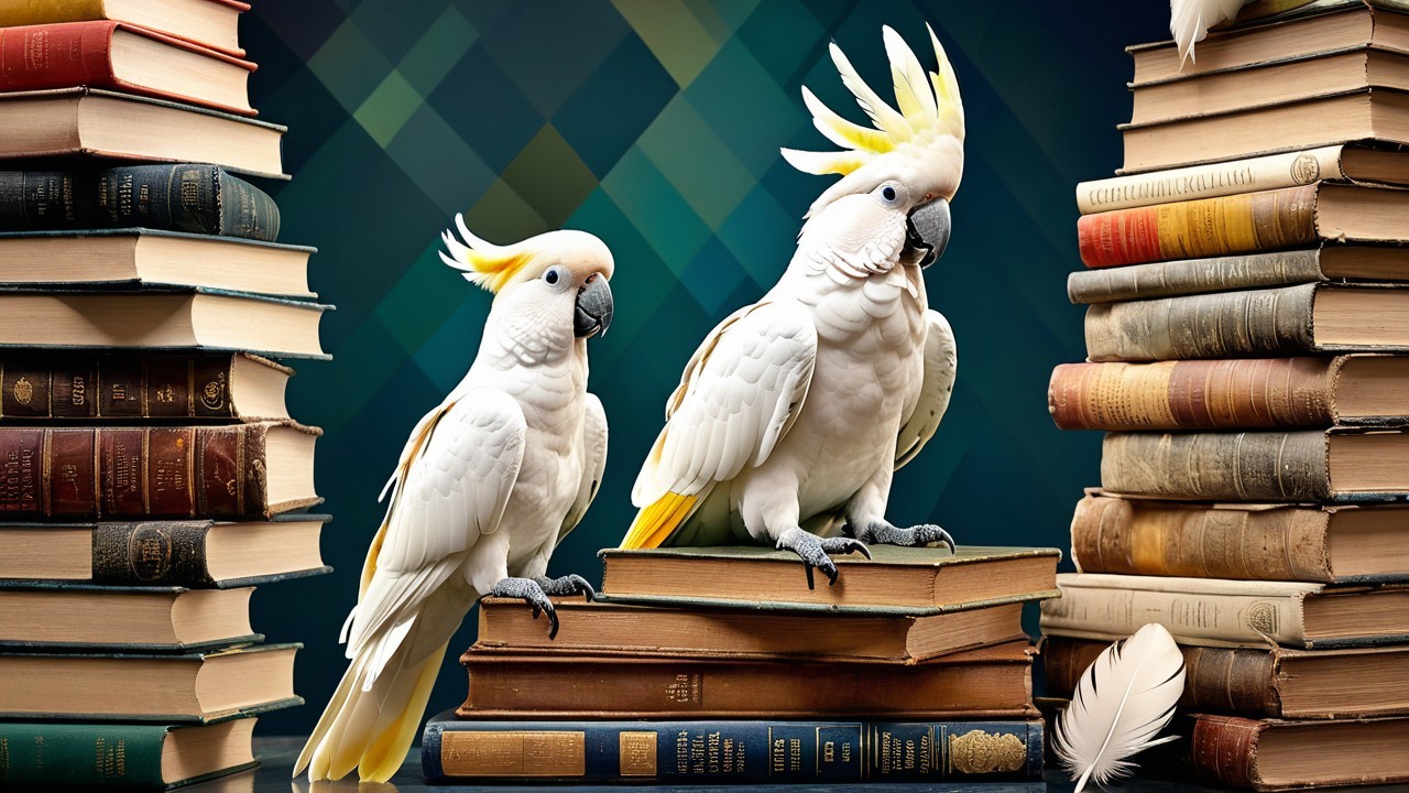 White Cockatoos on Books with Colorful Background