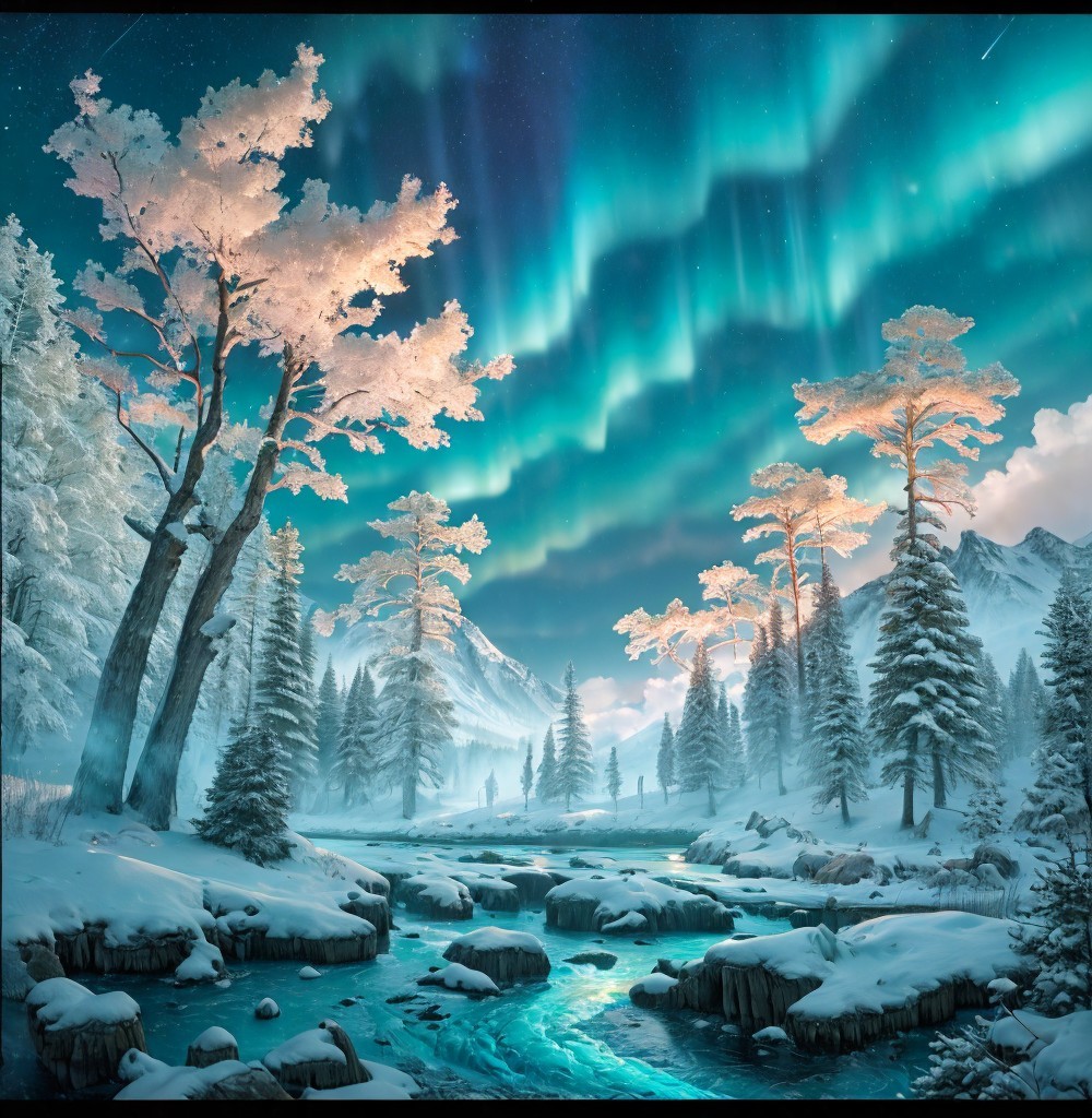 Serene Winter Landscape with Aurora Borealis and Mountains