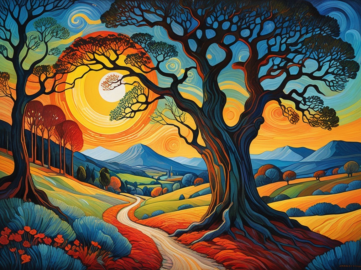 Vibrant Sunset Landscape with Winding Path and Trees