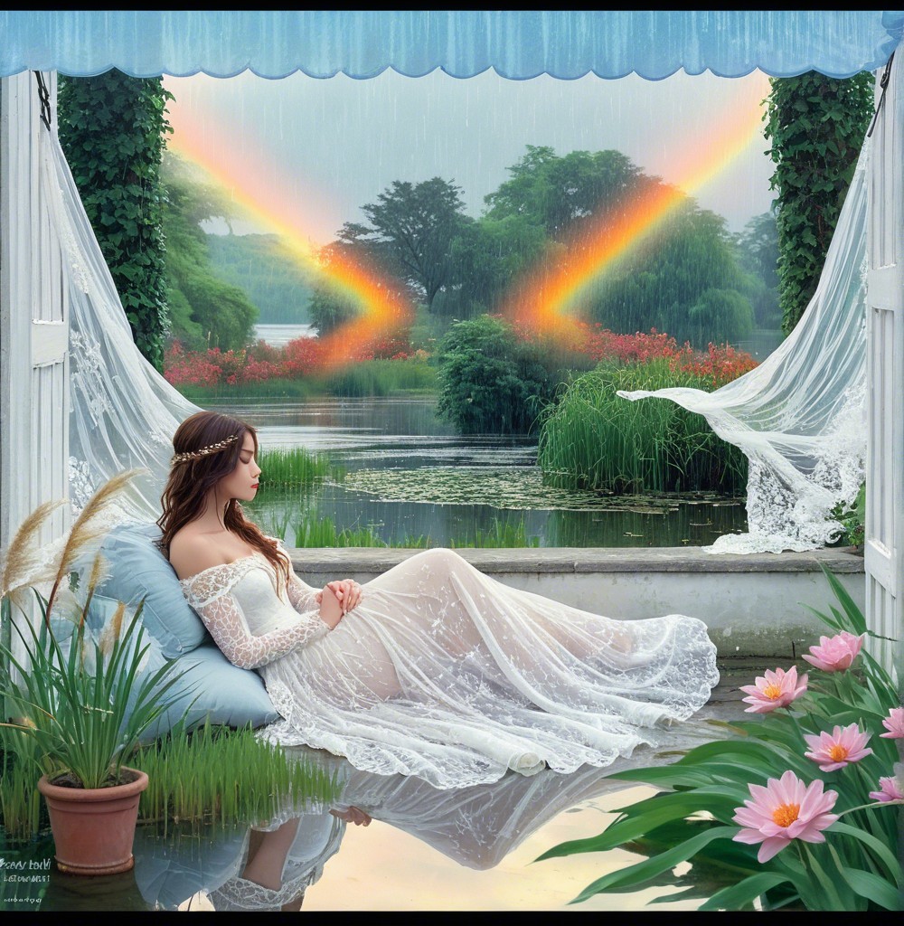 Serene Scene of Woman by Tranquil Water and Rainbows