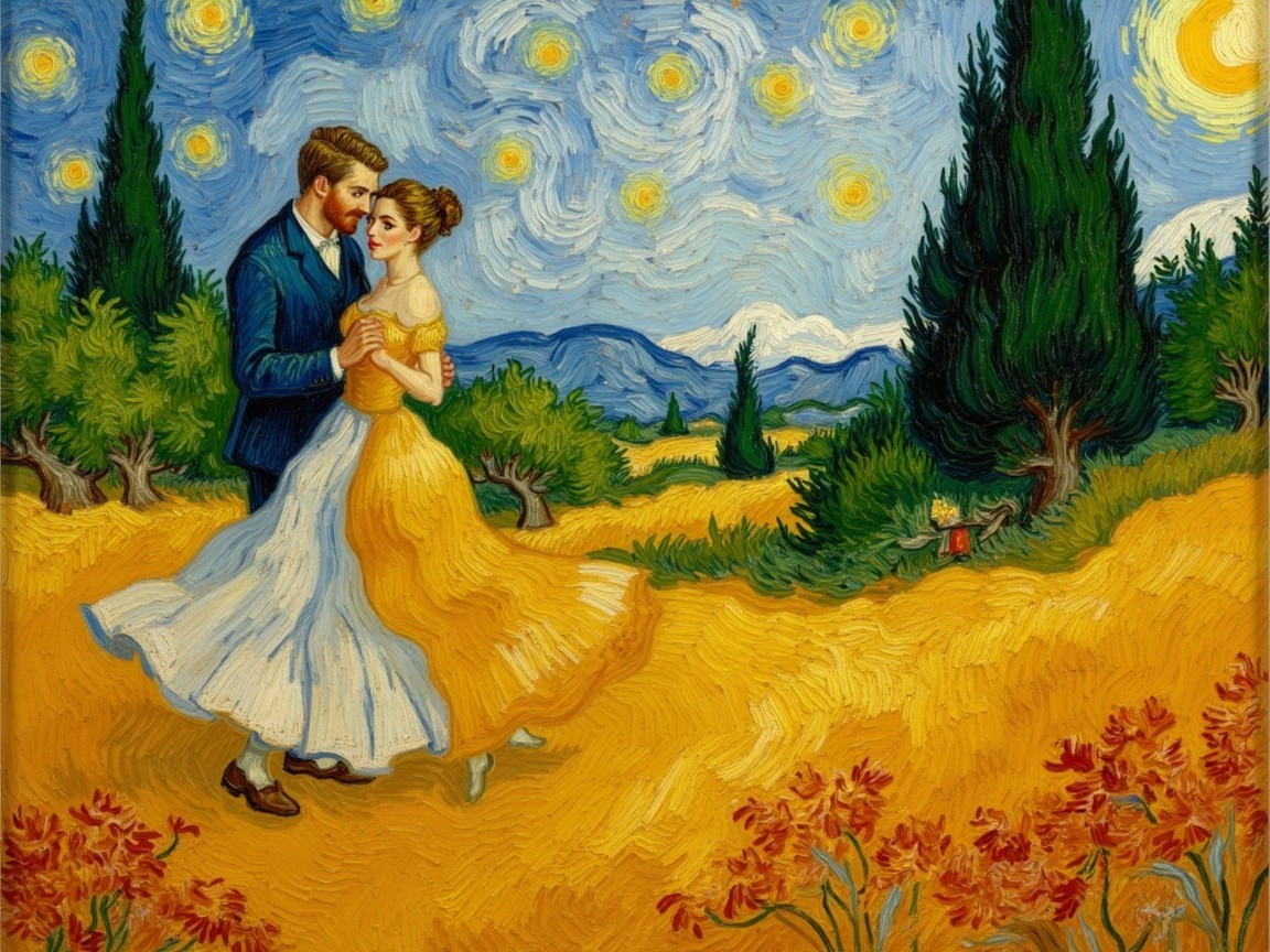 Couple Dancing in a Vibrant, Starry Landscape