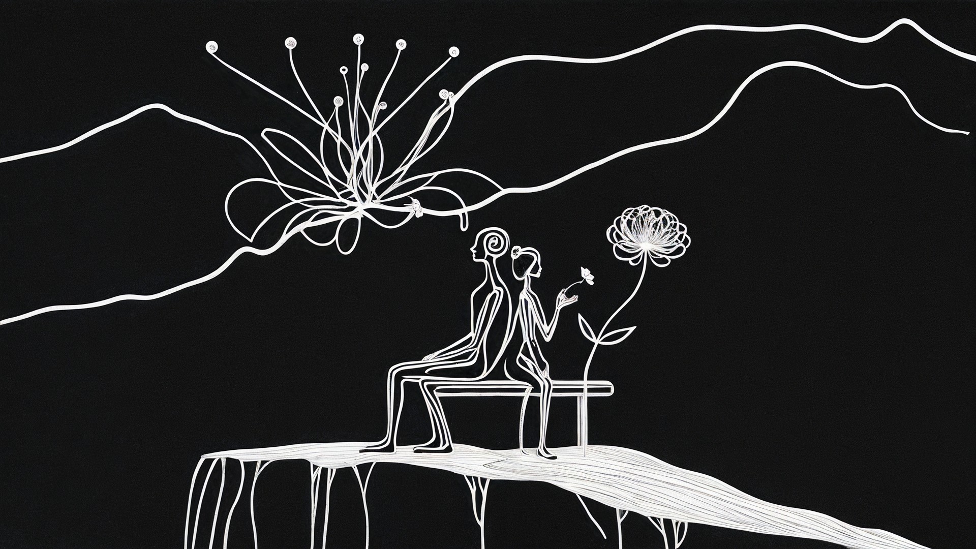Abstract Figures on Bench in Minimalist Landscape