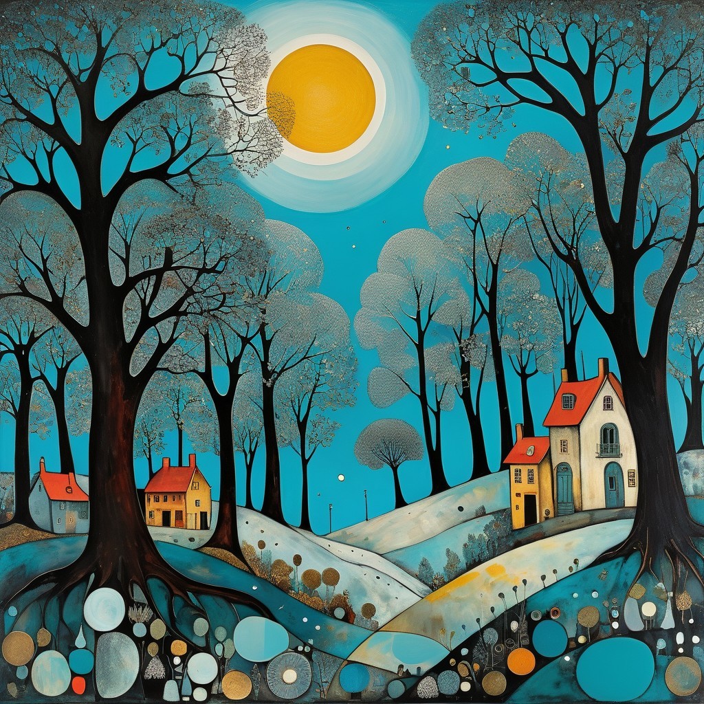 Whimsical Landscape with Silver Trees and Quaint Houses