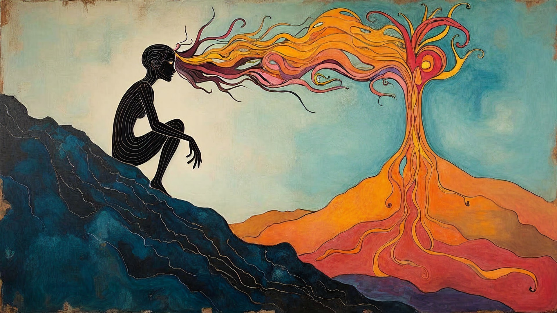 Silhouette with Colorful Flowing Lines and Tree Illustration