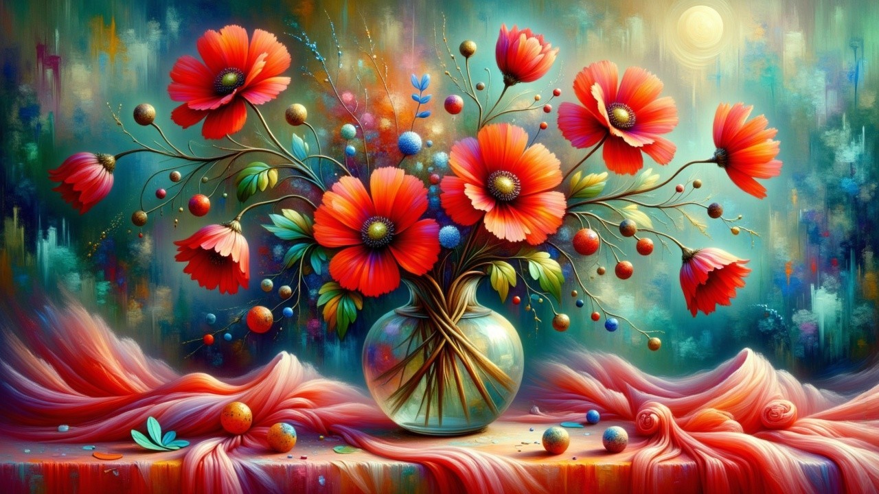 Vibrant Red Flower Bouquet in Glass Vase with Ribbons