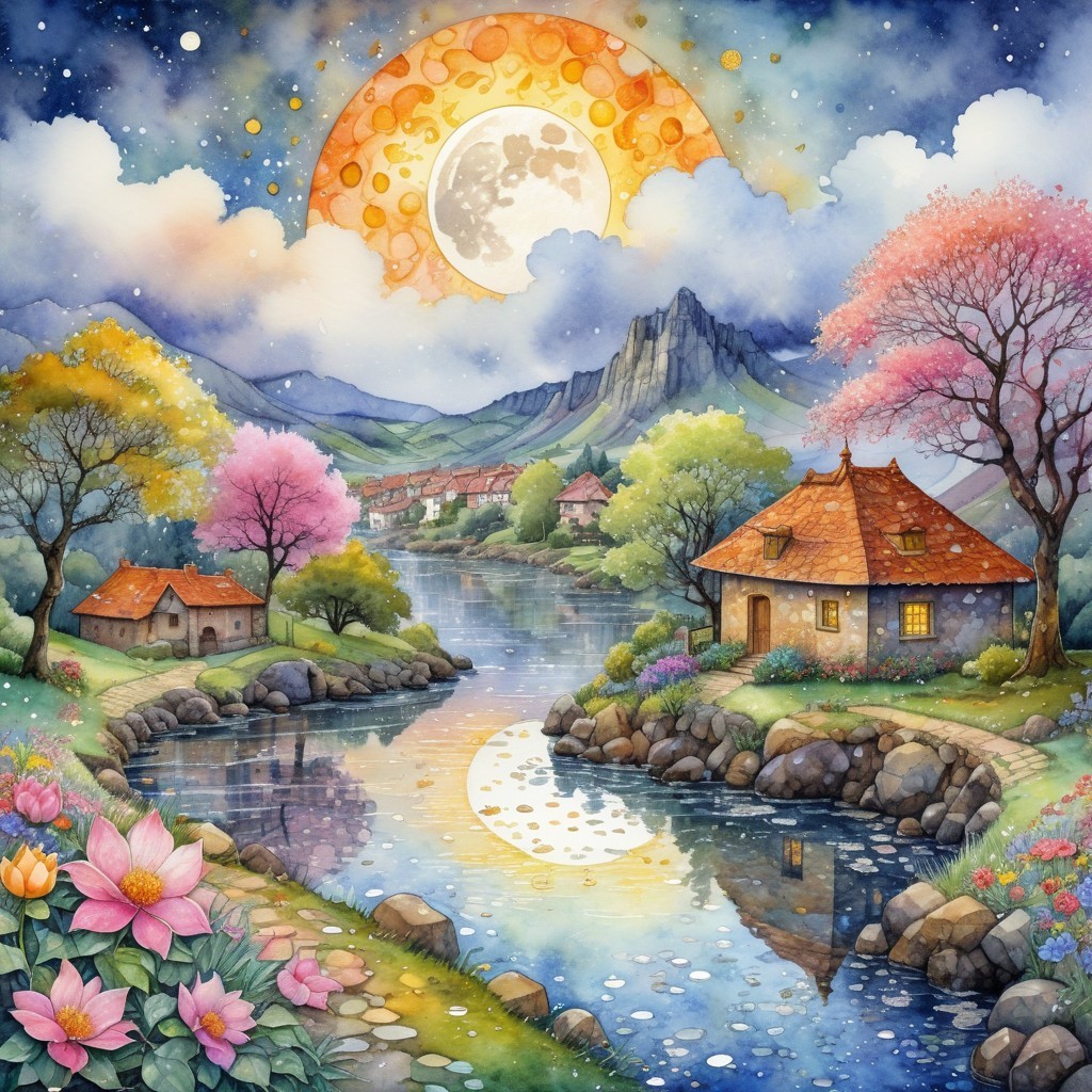 Tranquil River Landscape Under Moonlit Sky