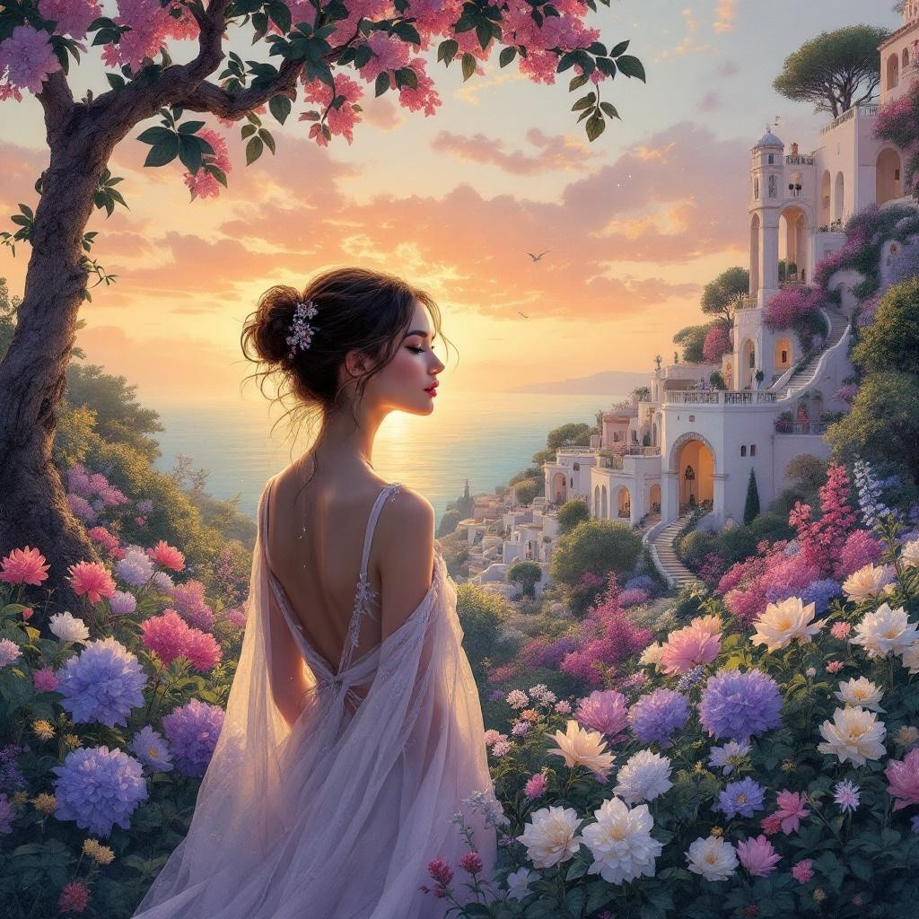 Young woman in vibrant garden at sunset scene