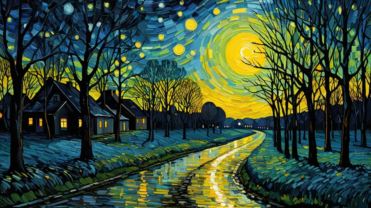 Moonlit River Scene with Stars and Silhouetted Trees