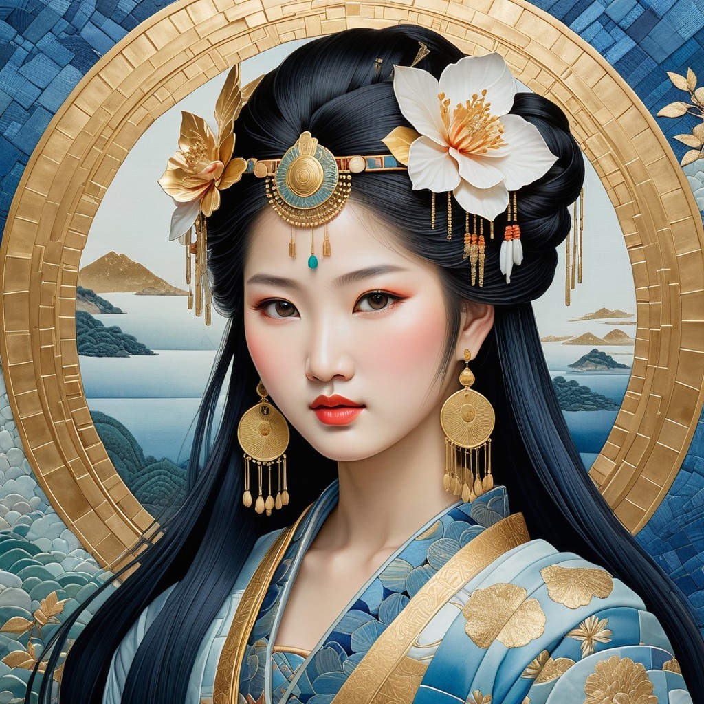 Serene Young Woman in Traditional Blue Garment with Blossoms