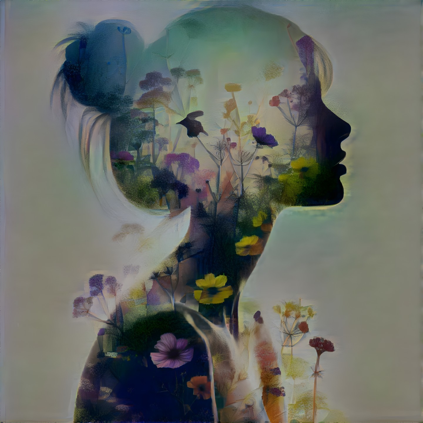 Silhouette of a woman blended with colorful flowers