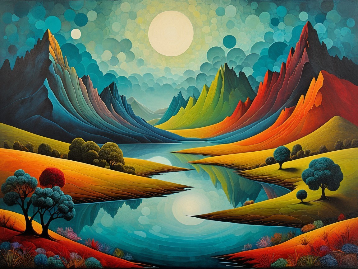 Vibrant Surreal Landscape with Colorful Mountains and River