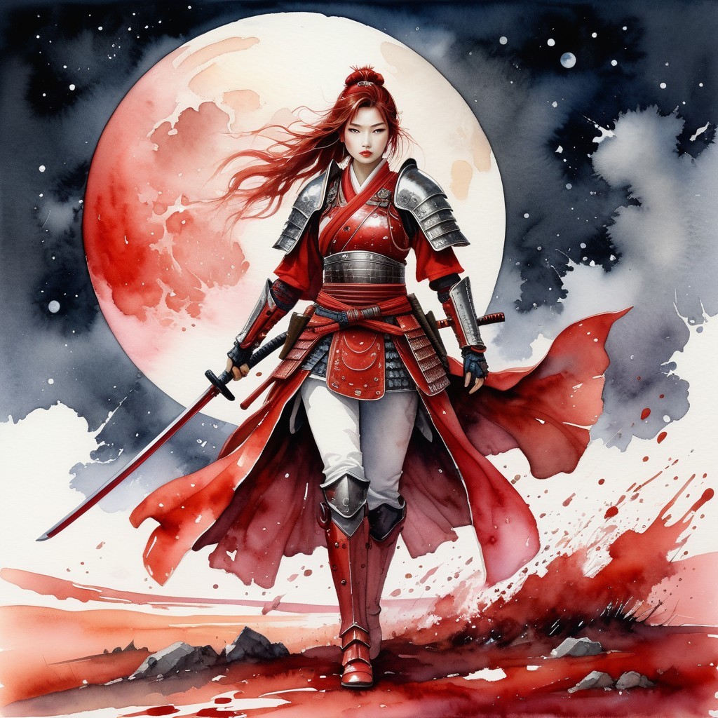 Fierce Female Warrior with Katana and Red Moon Background