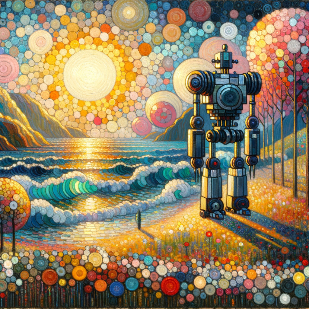 Stylized Robot on Beach with Vibrant Waves and Sun