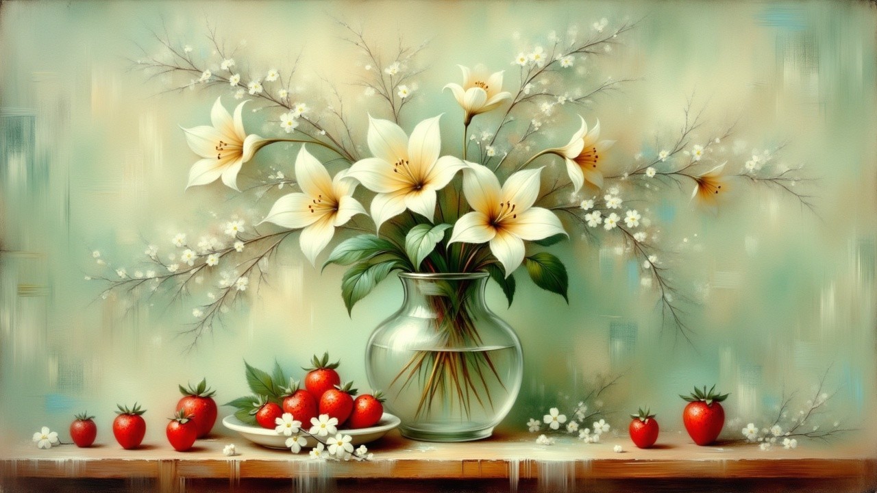 Still Life with White Lilies, Cherry Blossoms, and Strawberries
