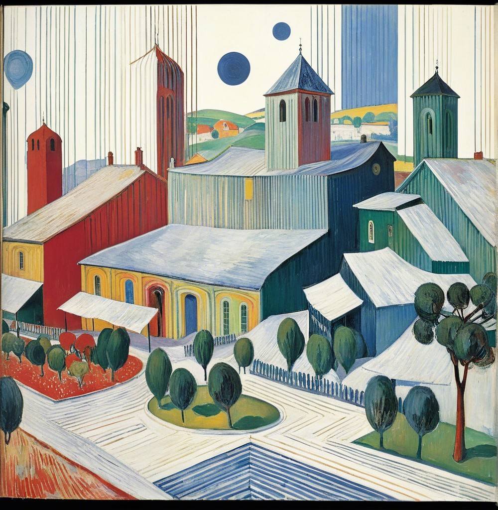 Colorful Village Scene with Geometric Shapes and Farms