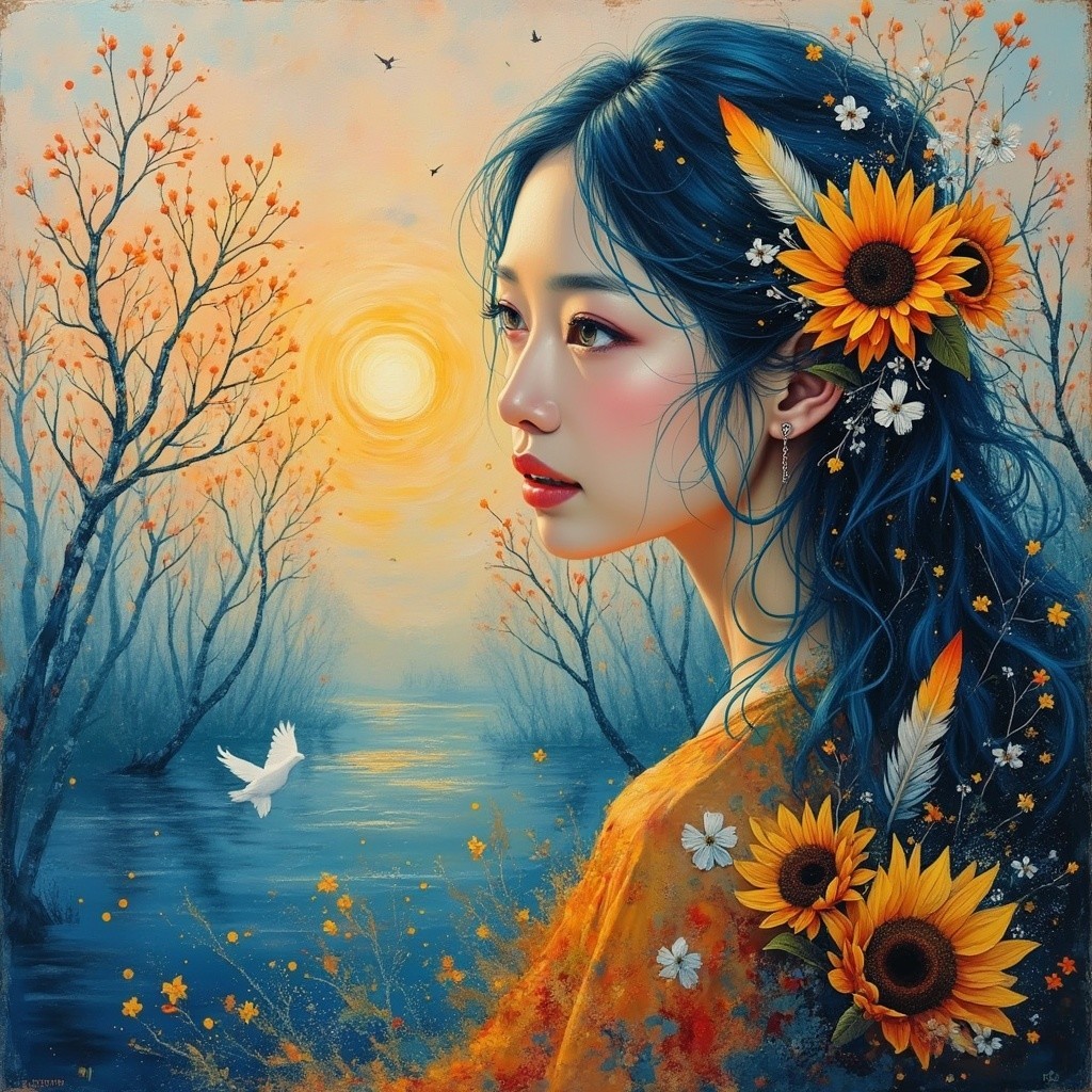 Ethereal Young Woman with Blue Hair in Tranquil Landscape