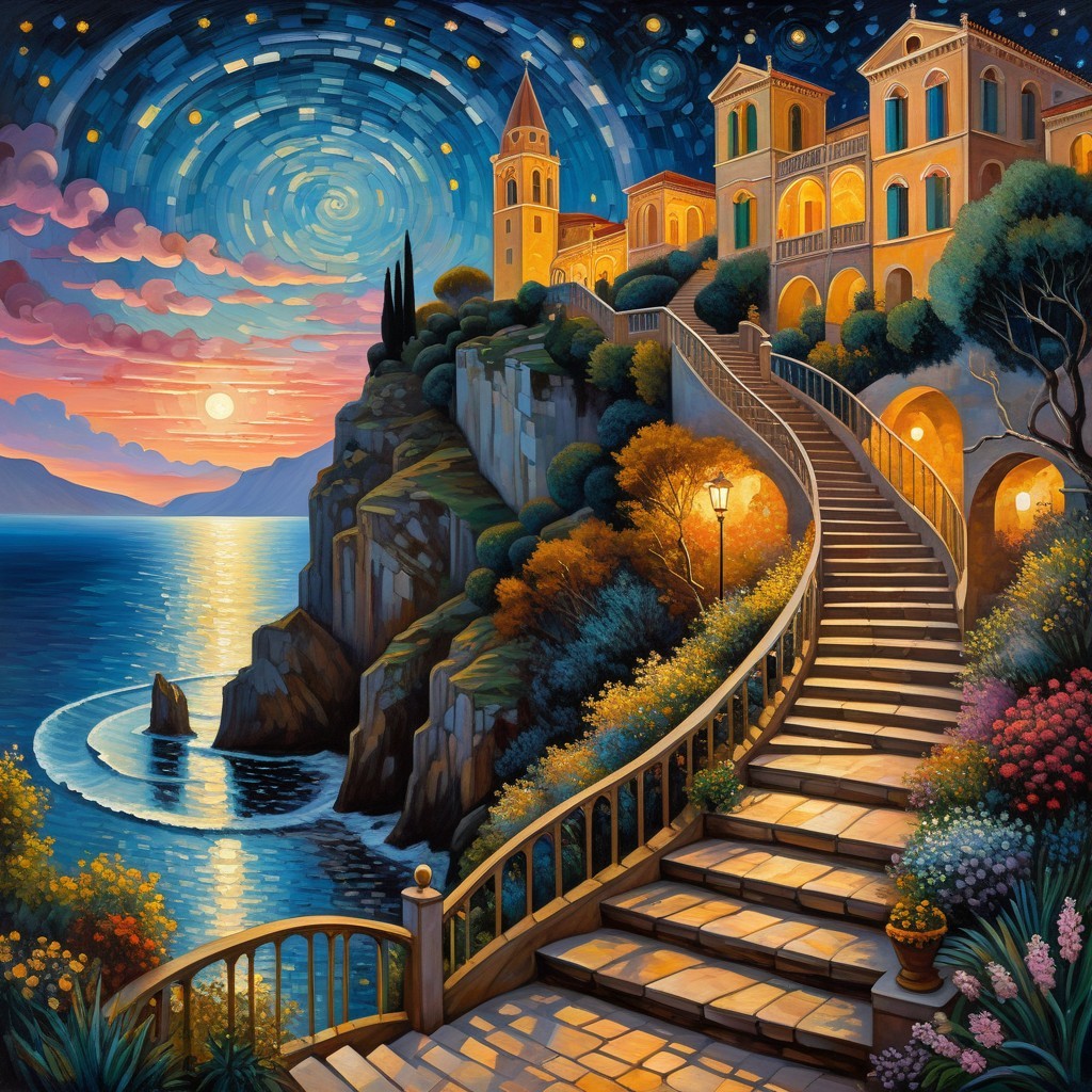 Coastal Twilight Scene with Stone Staircase and Sunset