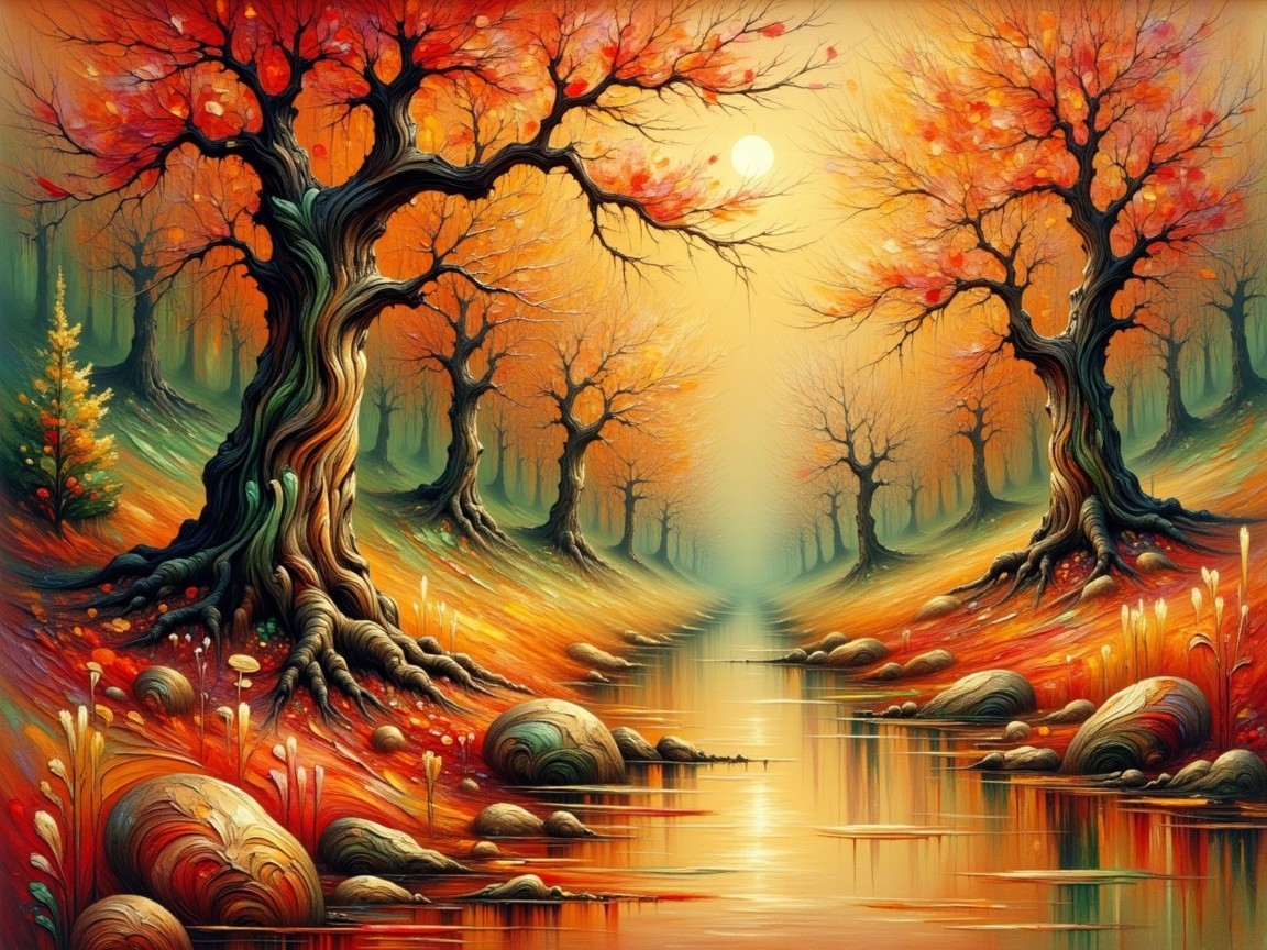 Vibrant Autumn Landscape with Twisted Trees and Stream