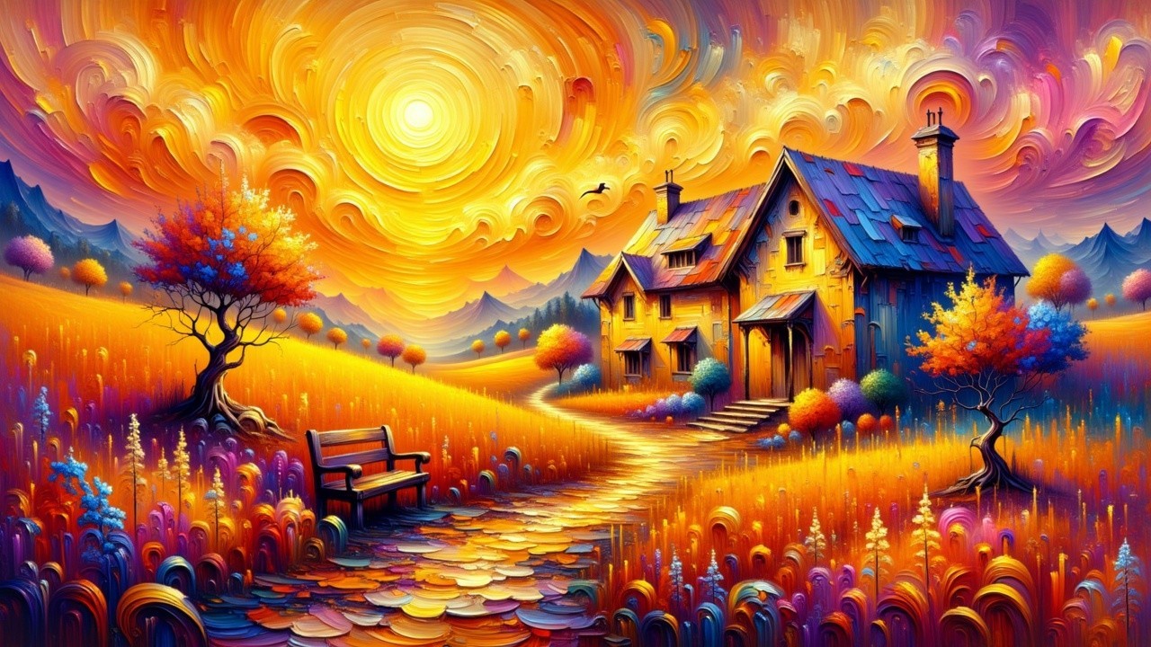 Vibrant Whimsical Landscape with Charming House and Trees