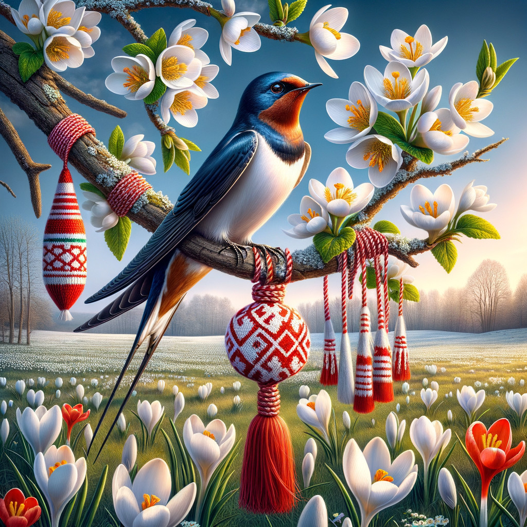Swallow on Blossoming Branch with Spring Flowers