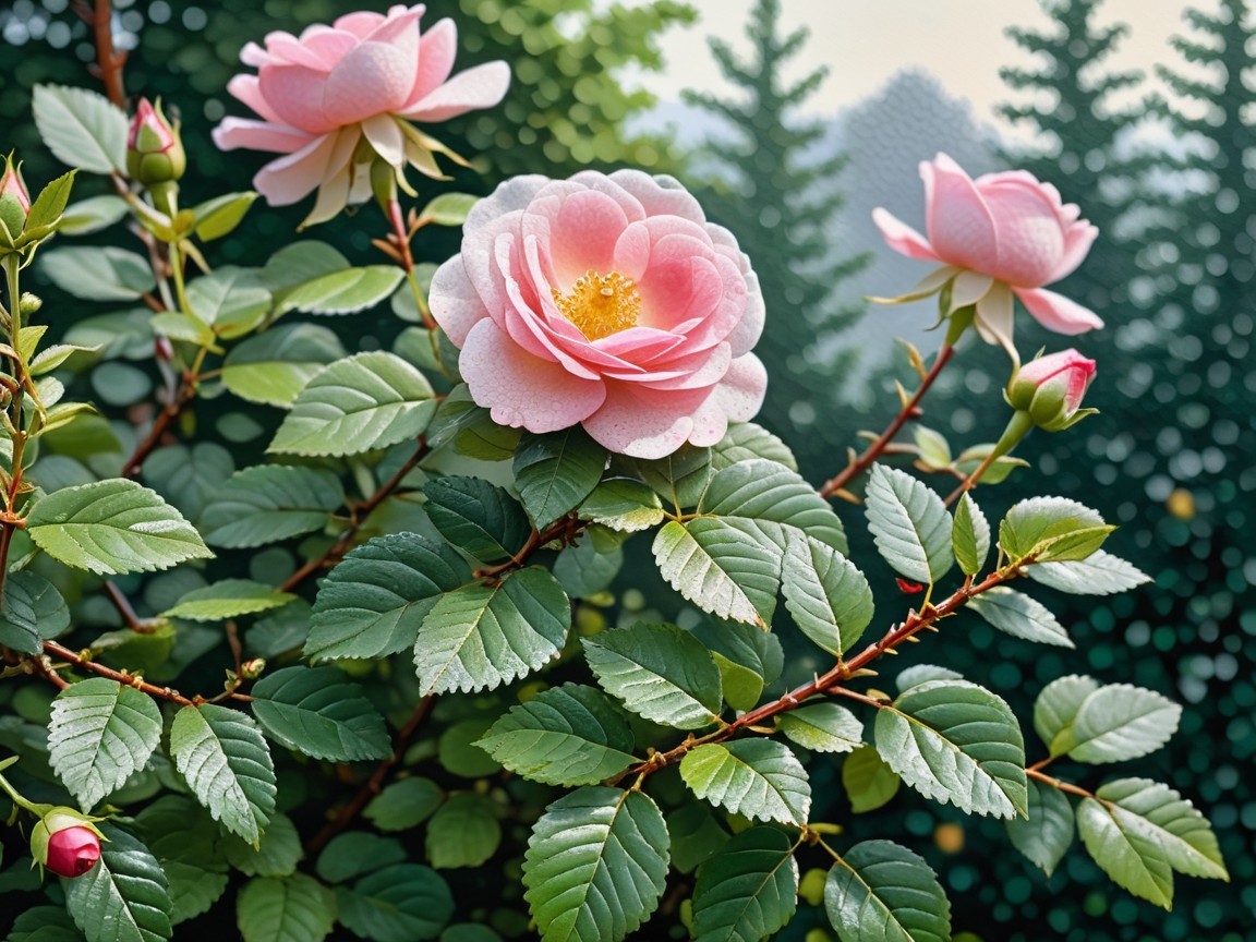 Cluster of Pink Roses with Green Leaves and Buds