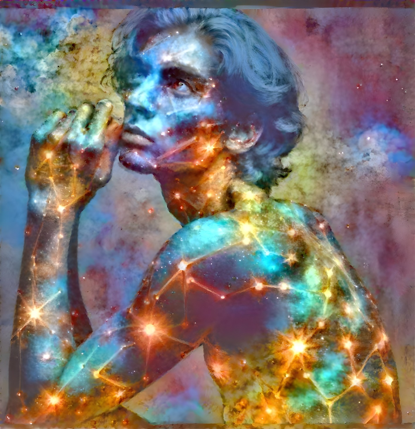 Contemplative Figure with Cosmic Skin Design