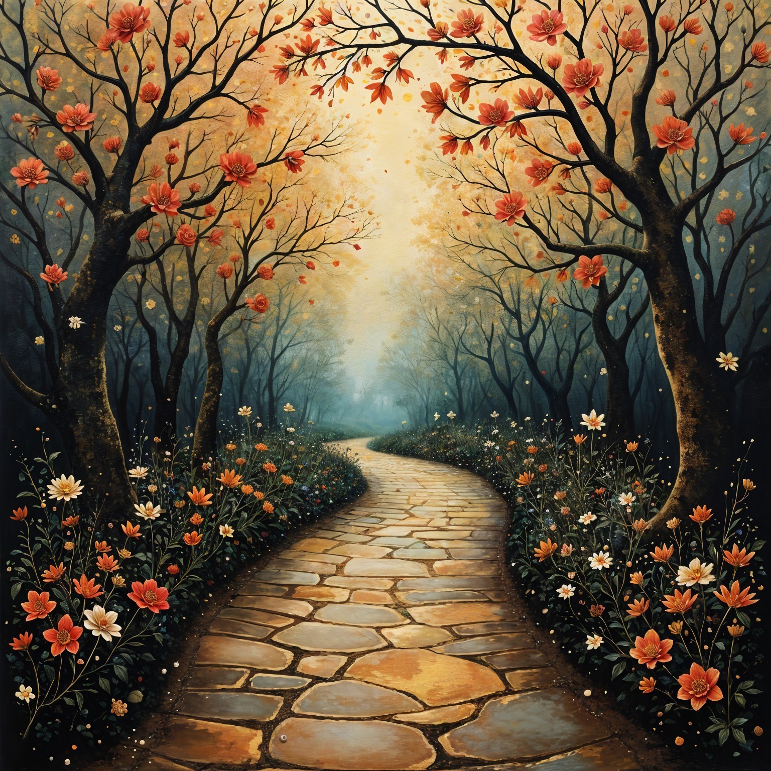 Enchanting Forest Path with Vibrant Autumn Foliage