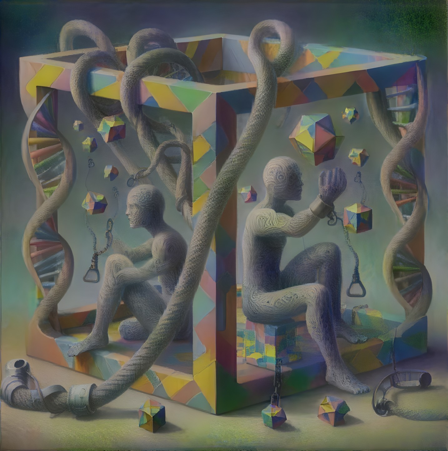 Surreal 3D Scene with Figures in Geometric Cage