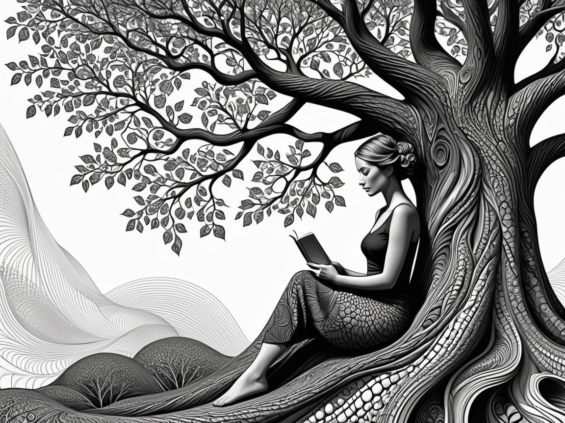Monochromatic Illustration of Woman Reading by Tree