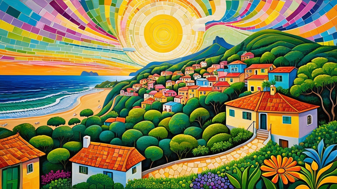 Vibrant Coastal Village Landscape with Colorful Houses