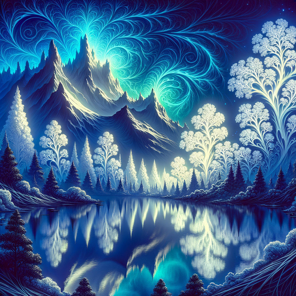 Surreal Landscape with Majestic Mountains and Lake