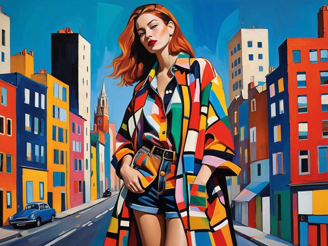 Stylish Woman in Colorful Cityscape with Vintage Car