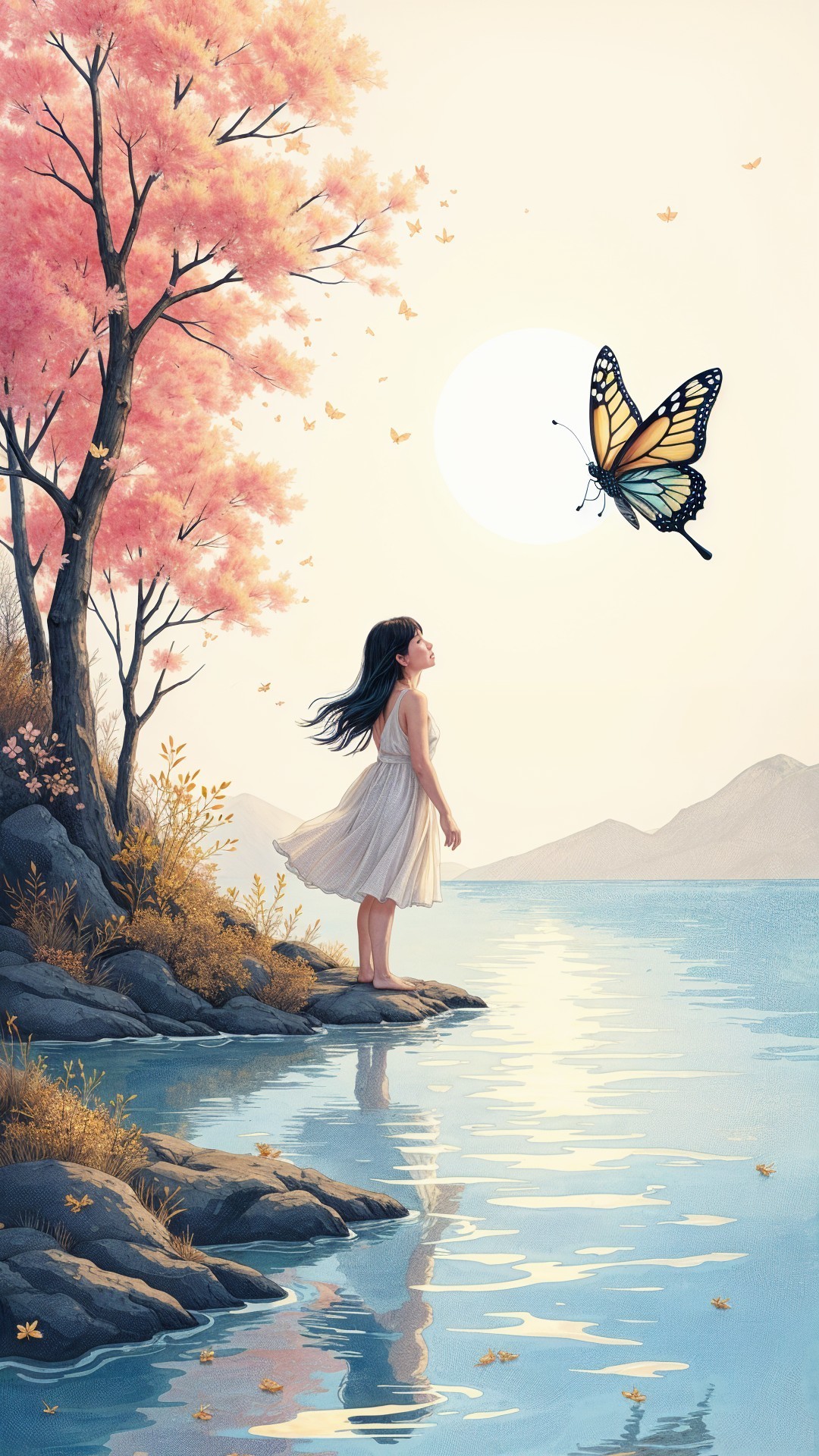 Serene lakeside scene with a girl and butterfly