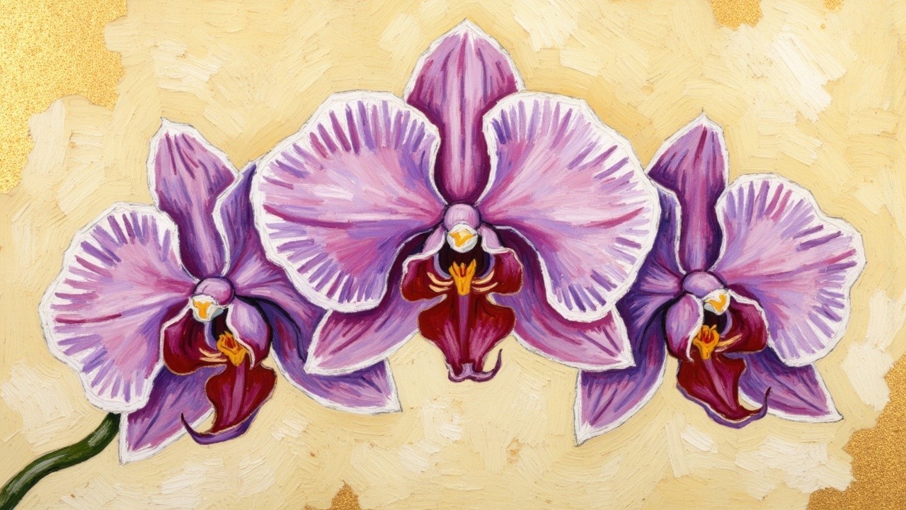Vibrant Painting of Three Purple Orchids on Gold