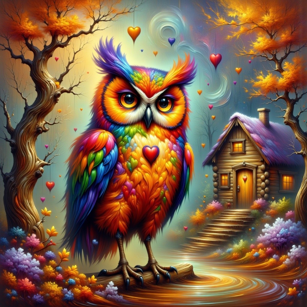 Colorful Owl in Whimsical Autumn Forest Scene