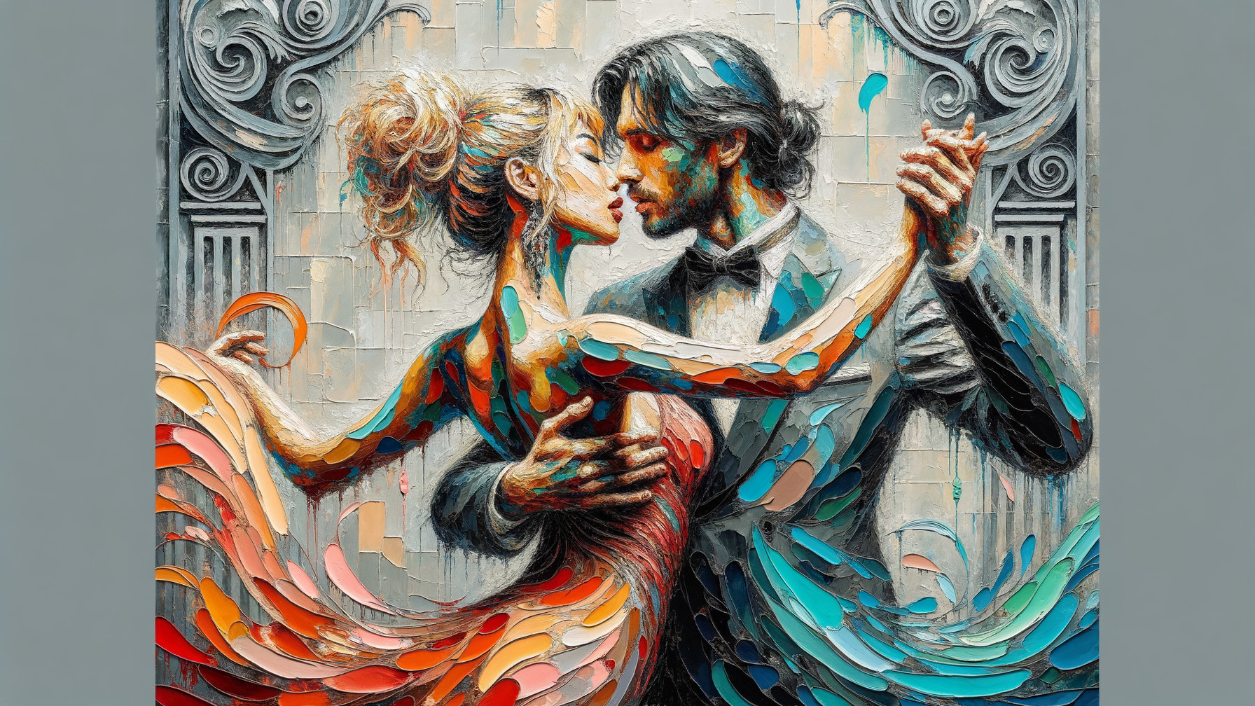 Vibrant Painting of a Romantic Dance Between a Couple