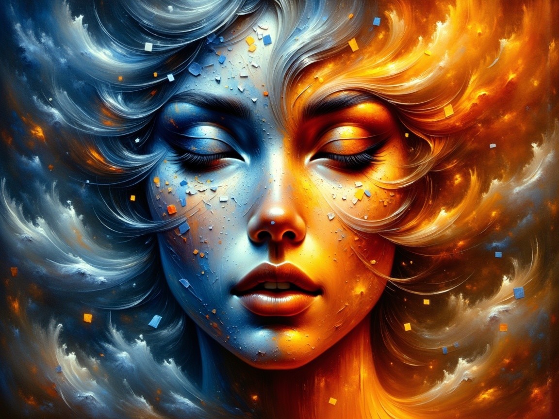 Ethereal face with flowing hair in abstract colors