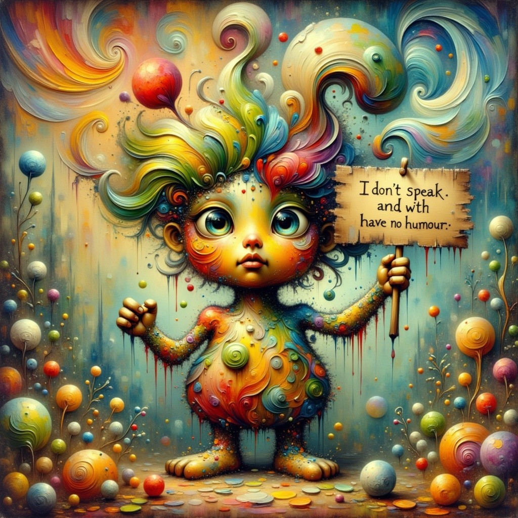 Whimsical Creature with Colorful Mane and Sign