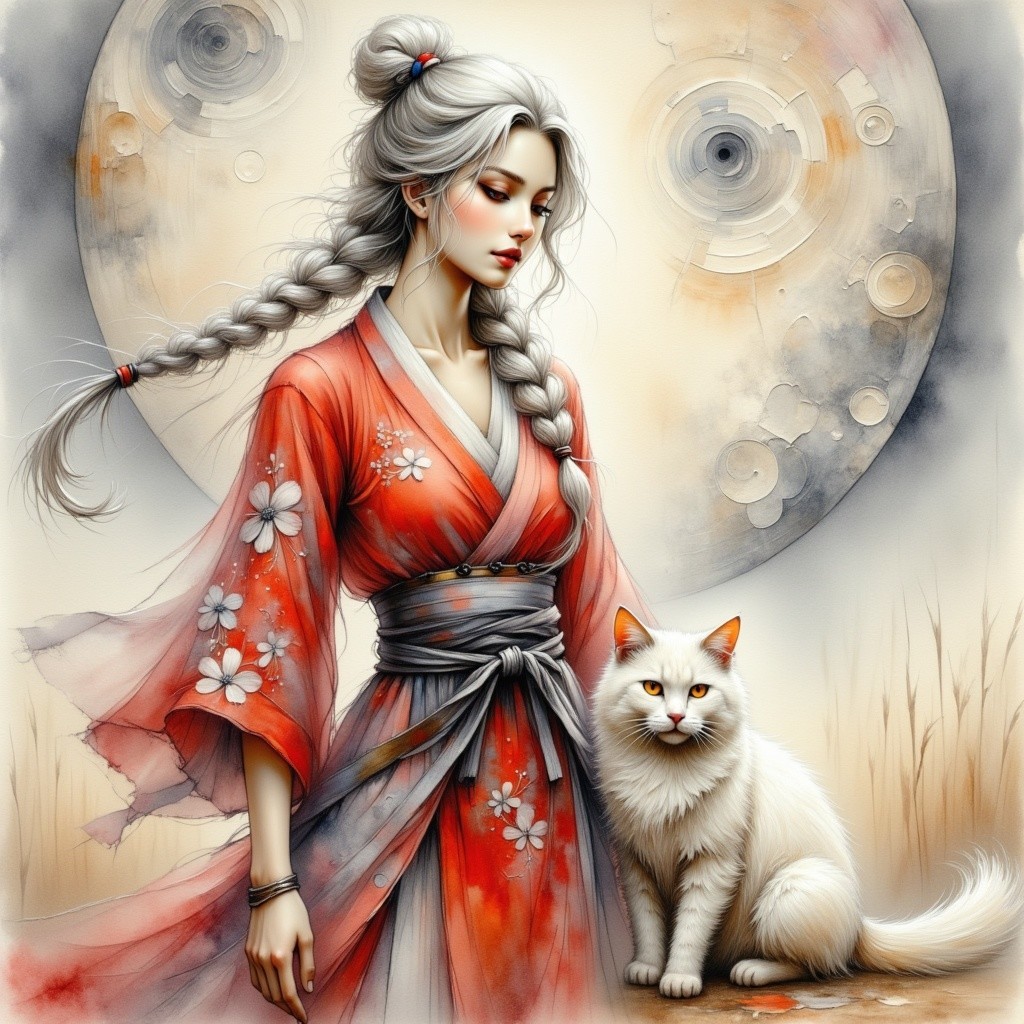 Young Woman in Red Kimono with White Cat and Glow